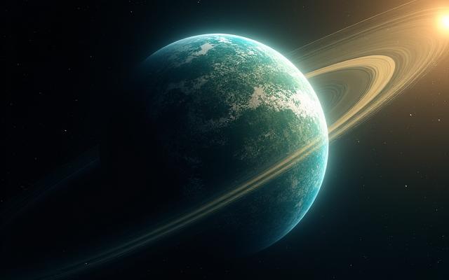 멀리 떨어진 외계 행성의 HD 렌더링, 푸른 행성 표면.