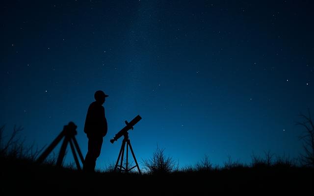 어두운 밤하늘 아래 망원경을 조작하는 사람의 실루엣.