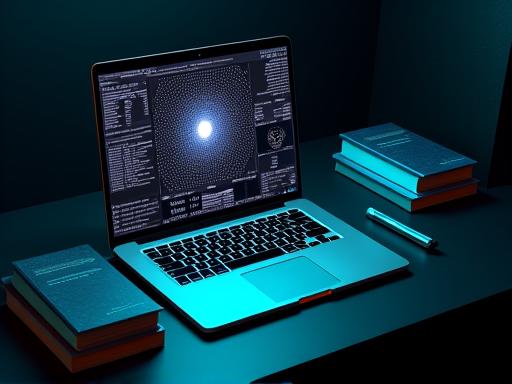 책상 위 노트북 화면에 표시된 별들의 복잡한 데이터와 천문학 서적들. 교육기관 콘텐츠 개발을 상징합니다.