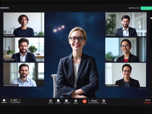 화상 회의 화면에서 천체 물리학자와 대화하는 기업 임원들의 모습.